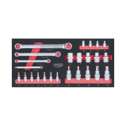 Module clés torx mâles et femelles
- module 1/3
- pour servantes et etablis
- empreinte des outils découpee au laser
- mousse imputrescible
- compositon :
douilles torx femelles :
1/4" : e4 - e5 - e6 - e8
1/2" : e10 - e12 - e14 - e18 - e20
douilles torx mâles :
1/2" : t40 - t45 - t50 - t55 - t60
7 x 1/4" percées : t8 - t10 - t15 - t20 - t25 - t27 - t30
4 clés torx femelle : e6 x e8 - e10 x e12 - e14 x e18 - e20 x e24