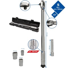 Clé dynamométrique  | 5 pièces
DESCRIPTION
Jeu de clés dynamométriques de 5 pièces pour tous les travaux usuels sur la voiture
Fonction de verrouillage qui empêche un déréglage involontaire du couple réglé
Couple à choisir individuellement : entre 28 Nm et 200 Nm
Dans boîte de rangement pratique
Le jeu de clés dynamométriques BRILLIANT TOOLS BT142005 est conçu pour tous les travaux usuels sur la voiture. 
La fonction de verrouillage permet un travail précis et sûr. La fonction de verrouillage empêche un déréglage involontaire du couple réglé. 
Le couple est facile à régler entre 28 et 200 Nm. L’échelle pratique vous permet de voir le couple réglé à tout moment. 
Grâce à la rotation à droite et à gauche, la clé dynamométrique BRILLIANT TOOLS convient aussi bien aux droitiers qu’aux gauchers.
La clé dynamométrique est livrée avec de nombreux accessoires. 
Vous obtenez une rallonge 1/2" ainsi que trois douilles de 17 mm, 19 mm, 21 mm d’aspect haut de gamme. 
Pour un rangement facile et sûr, vous obtenez également une boîte de rangement stable. 
L’outil est de qualité et très bien conçu.
Composition :
clé dynamométrique BRILLIANT TOOLS , 28 - 200 Nm
Douille 1/2" (12,5 mm) 17 mm
Douille 1/2" (12,5 mm) 19 mm
Douille 1/2" (12,5 mm) 21 mm
Rallonge 1/2" (12,5 mm)
Boîte de rangement