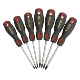 Jeu de 7 tournevis Torx
Garantie totale Drakkar 
Composition: 
-T10x100mm - T15x100mm
-T20x100mm - T25x100mm
-T27x100mm - T30x100mm
-T40x100mm