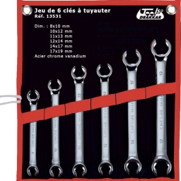 Jeu de 6 clés à tuyauter 
Acier au chrome vanadium
Composition: 8x10, 10x12, 11x13, 12x14, 14x17, 17x19
Garantie totale Drakkar 