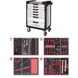 Servante d'atelier 7 tiroirs Ultimate
- Composition 241 outils pour maintenance générale
Tiroir 1 : Douille 1/4 - douille 1/2 - douille torx femelle et embouts 10mm torx, allen, xzn
Tiroir 2: clés mixtes, module de rangement
Tiroir 3: tournevis plat, cruciforme, torx
Tiroir 4: pinces, pinces circlips, martellerie
Servante d'atelier kstools. série ultimate. est le modèle de desserte d'atelier. le plus haut de gamme  de la marque. ks tools. 
les tiroirs de la servante d'atelier ultimate, possedent un système de glissière à roulements à billes (résistance 45kg). Equipé du système "one by one"., ouverture d'un seul tiroir a la fois, vous pouvez deplacer votre servante d'atelier sans forcement l'a fermer a clé !
Les tiroirs de cette servante ont une grande capacité. 40cm de profondeur par 57cm de largeur, tout les tiroirs de cette servante d'atelier sont fournis avec un tapis mousse, a installer au fond. 
Le plan de travail des servantes d'atelier Ultimate est recouvert d'un plateau inox et de boitier "range visserie" sur les cotés,
Au niveau du chassis, les pans de cette servante d'atelier sont perfores, se qui vous permet l'instalation de nombreuses options. tel que. un dérouleur de papier, des crochets de fixations...
Cette gamme  de servante d'atelier repond parfaitement au rangement pour le mécanicien, carrossier, mais aussi pour les métiers de l'industrie (rangement d'outils de tours / fraiseuse...) ainsi que des domaines tel que le medical. l'aéronotique...
- construction a pans coupés renforçant la structure du bati
- système "one by one" antibasculement 
- panneau lateral déporté et pré-percé pour fixation de crochet et accessoires
- 2 roues fixes grand diamètre pour une meilleure stabilite et un déplacement aise sur tous types de sols
- 2 roues pivotantes avec système de freinage total
- plan de travail avec rangements et recouvert inox
- tiroirs sur glissieres à billes extra-resistant (45 kg par tiroir)
- tiroirs à ouverture totale
- fermeture totale et simultanee des tiroirs par serrure 
- poignée tubulaire de manutention
- finition "Ultimate"
Composition :
Module 54 pièces douilles et accessoires 1/4’’ ref : 713.1020 
- Cliquet réversible 72 dents
- 1x Poignée emmanchée 1/4’’
- 2x Rallonges 1/4’’ : L. 50 mm et L. 100 mm
- 1x Rallonge flexible : L. 150 mm
- 1x Poignée coulissante T : L. 115 mm
- 1x Cardan universel 1/4"
- 13x Douilles 1/4’’ : 4 - 4,5 - 5 - 5,5 - 6 - 7 - 8 - 9 - 10 - 11 - 12 - 13 - 14 mm
- 8x Douille longue 1/4" : 6 - 7 - 8 - 9 - 10 - 11 - 12 - 13
- 1x Porte embout 1/4" 
- 3x Embouts de vissage Fente 4 - 5,5 - 8 mm 
- 3x Embouts de vissage PHILLIPS® PH 1 - PH 2 - PH3 
- 2x Embouts de vissage POZIDRIV® PZ 1 - PZ 2 
- 6x Embouts de vissage 6 pans : 3 - 4 - 5 - 6 - 7 - 8  mm
- 7x Embouts de vissage TORX® profil E T10 - T15 - T20 - T25 - T27 - T30 - T40
​- 4x Embouts de vissage 12 pans : M4 - M5 - M6 - M8 
Module de douilles et accessoires ULTIMATE 1/2'' , 24 pièces ref : 713.1024 
- 1 x Cliquet réversible 72 dents
- 2 x Rallonges : 125 - 250 mm
- 1 x Cadran universel 1/2"
- 1 x Bague coulissante 3/8" x 1/2"
- 17 x Douilles : 10 - 11 - 12 - 13 - 14 - 15 - 16 - 17 - 18 - 19 - 20 - 21 - 22 - 24 - 27 - 30 - 32 mm
- 2 x Douilles longues : 16 - 21 mm
Module d'embouts de vissage et douilles TORX, 88 pièces ref : 713.5010 
- 5 x Douilles TORX 1/4" : E4 - E5 - E6 - E7 - E8
- 4 x Douilles TORX 3/8" : E10 - E11 - E12 - E14
- 3 x Douilles TORX 1/2" : E16 - E18 - E20
- 1 x Douille porte-embouts 1/4" x 1/4"
- 2 x Douilles porte-embouts : 3/8" - 10 mm et 1/2" - 10 mm
- 1 x Rallonge : 30 mm
- 3 x Embouts de vissage Fente : 25 mm x (5,5 - 6,5 - 8,0 mm)
- 3 x Embouts de vissage PHILLIPS : 25 mm x (PH1 - PH2 - PH3)
- 6 x Embouts de vissage PROZIDRIV : 25 mm x (PZ1 - 2 x PZ2 - 3 x PZ3)
- 3 x Embouts de vissage 6 pans : 25 mm x (4 - 5 - 6 mm)
- 15 x Embouts de vissage TORX percé : 25 mm x (2 x T10 - 3 x T15 - 2 x T20 - 3 x T25 - 3 x T30 - 2 x T40)
- 2 x Embouts de vissage Fente : 30 mm x (8 - 10 mm)
- 2 x Embouts de vissage PHILLIPS : 30 mm x (PH2 - PH3)
- 7 x Embouts de vissage 6 pans : 30 mm x (4 - 5 - 6 - 7 - 8 - 10 - 12 mm)
- 9 x Embouts de vissage TORX percé : 30 mm x (T20 - T25 - T27 - T30 - T40 - T45 - T50 - T55 - T60)
- 5 x Embouts de vissage 12 pans : 30 mm (M5 - bM6 - M10 - M12)
- 5 x Embouts longs 6 pans : 75 mm x (5 - 6 - 7 - 8 - 10 mm)
- 8 x Embouts longs TORX percé : 75 mm x (T20 - T25 - T27 - T30 - T40 - T50 - T55 - T60)
- 4 x Embouts longs 12 pans : 75 mm x (M6 - M8 - M10 - M12)
Module de clés mixtes ULTIMATE, 17 pièces ref : 713.2017   
- 17 x Clés mixtes : 6 - 7 - 8 - 9 - 10 - 11 - 12 - 13 - 14 - 15 - 16 - 17 - 18 - 19 - 20 - 21 - 22 mm
Module de clés mixtes ULTIMATE, 5 pièces ref : 713.2015 
- 5 x Clés mixtes : 24 - 27 - 29 - 30 - 32 mm
Module vide 1/3 - 1 compartiment ref : 713.1300 
Module de vissage, 28 pièces ref : 712.5028 
- 1 x Tournevis ULTIMATE tom pouce Fente : 6,5 mm
- 3 x Tournevis ULTIMATE Fente : 3,5 - 5,5 - 8 mm
- 1 x Tournevis ULTIMATE tom pouce PHILLIPS : PH2
- 3 x Tournevis ULTIMATE PHILLIPS : PH1 - PH2 - PH3
- 1 x Tournevis ULTIMATE tom pouce PROZIDRIV : PZ2
- 3 x Tournevis ULTIMATE PROZIDRIV : PZ1 - PZ2 - PZ3
- 1 x Jeu de clés mâles 6 pans à tête sphérique longues : 2 - 2,5 - 3 - 4 - 5 - 6 - 8 - 10 mm
- 1 x Jeu de clés mâles TORX longues : T10 - T15 - T20 - T25 - T30 - T40 - T45 - T50
Module de tournevis ULTIMATE TORX, 6 pièces ref : 713.5013 
- 6 x Tournevis ULTIMATE TORX : T10 - T15 - T20 - T25 - T30 - T40
Module de pinces, 4 pièces ref : 713.4014 
- 1 x Pince coupante diagonale : L. 160 mm
- 1 x Pince universelle : L. 180 mm
- 1 x Pince à bec demi-rond : L. 200 mm
- 1 x Pince multiprises à verrouillage : L. 250 mm
Module de 6 pinces à Circlips ref : 713.5006  
- 2 x Pinces à joncs extérieur : 10 - 25 mm, 19 - 60 mm
- 1 x Pince extérieur coudée : 16 - 60 mm
- 2 x Pinces intérieur droites : 12 - 25 mm, 19 - 60 mm
- 1 x Pince intérieur coudée : 19 - 60 mm 
Module d'outils de frappe manche bois, 9 pièces ref : 713.1101 
- 1 x Burin de carossier extra-plat : 250 mm
- 6 x Chasse goupilles brunis : 3 - 4 - 5 - 6 - 10 mm
- 1 x Marteau rivoir : 600g
- 1 x Maillet à embouts plastique interchangeables : 340g
- poids 57kg
- dimension hors tout : l678xl459xh859 (hauteur avec roues 1035mm 
- roue dia 125mm larg 50mm 