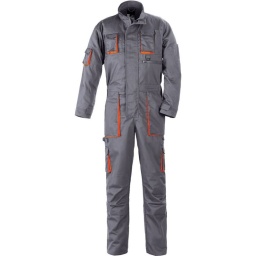 Matiere -40% polyester
                 - 60% coton
                 - coton 245 g/m2
Col mandarin avec bande agrippante
Fermeture a glissière double sens et rabat jusqu'au col
Manches ajustables par bandes agrippantes
Taille: élastique a l'arriere
Coutures doubles avec points de renfort
Poches et anneaux:
-2 poches a l'avant avec ferMètre a glissiere
-1 poche telephone
-2 portes stylo
-1 poche poitrine
-1 anneau porte cles2 poches italiennes
-1 poche metre
2 poches a l'arriere
2 emplacements grenouillere. serrage au bas des jambes par bandes agrippantes 
Longueur des jambes ajustable de 5cm