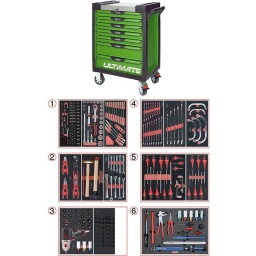 Servante d'atelier 7 tiroirs Ultimate
- Composition 231 outils pour mécanicien automobile
Tiroir 1 : Douille 1/4 - douille 1/2 - clé cliquet réversible
Tiroir 2: pinces, martellerie, clés pipes
Tiroir 3: clé à choc monster 1708Nm + douilles chocs 6 pans, allen, torx
Tiroir 4: clés mixte, clés demi lune
Tiroir 5: tournevis plats, cruciformes, torx, jeux clé allen et torx
Tiroir 6: clé dynamométrique 20-200Nm + essentiel démontage pneus (tire valve, démonte obus, démonte pneus...)
la servante d'atelier kstools. série ultimate. est le modèle de desserte d'atelier. le plus haut de gamme  de la marque. ks tools. 
les tiroirs de la servante d'atelier ultimate, possedent un système de glissière à roulements à billes (résistance 45kg). Equipé du système "one by one"., ouverture d'un seul tiroir a la fois, vous pouvez deplacer votre servante d'atelier sans forcement l'a fermer a clé !
Les tiroirs de cette servante ont une grande capacité. 40cm de profondeur par 57cm de largeur, tout les tiroirs de cette servante d'atelier sont fournis avec un tapis mousse, a installer au fond. 
Le plan de travail des servantes d'atelier Ultimate est recouvert d'un plateau inox et de boitier "range visserie" sur les cotés,
Au niveau du chassis, les pans de cette servante d'atelier sont perfores, se qui vous permet l'instalation de nombreuses options. tel que. un dérouleur de papier, des crochets de fixations...
Cette gamme  de servante d'atelier repond parfaitement au rangement pour le mécanicien, carrossier, mais aussi pour les métiers de l'industrie (rangement d'outils de tours / fraiseuse...) ainsi que des domaines tel que le medical. l'aéronotique...
- construction a pans coupés renforçant la structure du bati
- système "one by one" antibasculement 
- panneau lateral déporté et pré-percé pour fixation de crochet et accessoires
- 2 roues fixes grand diamètre pour une meilleure stabilite et un déplacement aise sur tous types de sols
- 2 roues pivotantes avec système de freinage total
- plan de travail avec rangements et recouvert inox
- tiroirs sur glissieres à billes extra-resistant (45 kg par tiroir)
- tiroirs à ouverture totale
- fermeture totale et simultanee des tiroirs par serrure 
- poignée tubulaire de manutention
- finition "Ultimate"
Module 54 pièces douilles et accessoires 1/4’’ KS TOOLS   Référence: 713.1020                     
Chrome vanadium de haute qualité garantie à vie*.
- Cliquet réversible 72 dents
- 1x Poignée emmanchée 1/4’’
- 2x Rallonges 1/4’’ : L. 50 mm et L. 100 mm
- 1x Rallonge flexible : L. 150 mm
- 1x Poignée coulissante T : L. 115 mm
- 1x Cardan universel 1/4"
- 13x Douilles 1/4’’ : 4 - 4,5 - 5 - 5,5 - 6 - 7 - 8 - 9 - 10 - 11 - 12 - 13 - 14 mm
- 8x Douille longue 1/4" : 6 - 7 - 8 - 9 - 10 - 11 - 12 - 13
- 1x Porte embout 1/4" 
- 3x Embouts de vissage Fente 4 - 5,5 - 8 mm 
- 3x Embouts de vissage PHILLIPS® PH 1 - PH 2 - PH3 
- 2x Embouts de vissage POZIDRIV® PZ 1 - PZ 2 
- 6x Embouts de vissage 6 pans : 3 - 4 - 5 - 6 - 7 - 8  mm
- 7x Embouts de vissage TORX® profil E T10 - T15 - T20 - T25 - T27 - T30 - T40
​- 4x Embouts de vissage 12 pans : M4 - M5 - M6 - M8 
Module de douilles et accessoires ULTIMATE 1/2'' , 24 pièces KS TOOLS  Référence : 713.1024   
- 1 x Cliquet réversible 72 dents
- 2 x Rallonges : 125 - 250 mm
- 1 x Cardan universel 1/2"
- 1 x Bague coulissante 3/8" x 1/2"
- 17 x Douilles : 10 - 11 - 12 - 13 - 14 - 15 - 16 - 17 - 18 - 19 - 20 - 21 - 22 - 24 - 27 - 30 - 32 mm
- 2 x Douilles longues : 16 - 21 mm
Module de clés mixtes à cliquet réversible GEARplus avec adaptateurs, 16 pièces KS TOOLS  Référence : 713.2027     
- 12 x Clés mixtes : 8 - 9 - 10 - 11 - 12 - 13 - 14 - 15 - 16 - 17 - 18 - 19 mm
- 1 x Adaptateur pour embout de vissage : 1/4"
- 3 x Adaptateurs à verrouillage pour douilles : 1/4" - 3/8" - 1/2"
Module de clés mixtes ULTIMATE, 17 pièces KS TOOLS Référence : 713.2017    
Composition : 
- 17 x Clés mixtes : 6 - 7 - 8 - 9 - 10 - 11 - 12 - 13 - 14 - 15 - 16 - 17 - 18 - 19 - 20 - 21 - 22 mm
Module de clés mixtes ULTIMATE, 5 pièces KS TOOLS  Référence : 713.2015   
- 5 x Clés mixtes : 24 - 27 - 29 - 30 - 32 mm
Module de clés polygonales demi-lunes, 5 pièces KS TOOLS  Référence : 783.2005   
- 5 x Clés polygonales demi-lune : 10x12 - 11x13 - 14x17 - 16x18 - 19x22 mm
Module de pinces, 4 pièces KS TOOLS   Référence : 713.4014   
- 1 x Pince coupante diagonale : L. 160 mm
- 1 x Pince universelle : L. 180 mm
- 1 x Pince à bec demi-rond : L. 200 mm
- 1 x Pince multiprises à verrouillage : L. 250 mm
Module d'outils de frappe manche bois, 9 pièces KS TOOLS   Référence : 713.1101   
- 1 x Burin de carossier extra-plat : 250 mm
- 6 x Chasse goupilles brunis : 3 - 4 - 5 - 6 - 10 mm
- 1 x Marteau rivoir : 600g
- 1 x Maillet à embouts plastique interchangeables : 340g
Module de clés à pipe débouchées - 6 pans, 11 pièces KS TOOLS   Référence : 713.2011   
- 11 x Clés à pipe débouchées : 8 - 10 - 11 - 12 - 13 - 14 - 15 - 16 - 17 - 18 - 19 mm 
Module de vissage, 28 pièces KS TOOLS  Référence : 712.5028   
- 1 x Tournevis ULTIMATE tom pouce Fente : 6,5 mm
- 3 x Tournevis ULTIMATE Fente : 3,5 - 5,5 - 8 mm
- 1 x Tournevis ULTIMATE tom pouce PHILLIPS : PH2
- 3 x Tournevis ULTIMATE PHILLIPS : PH1 - PH2 - PH3
- 1 x Tournevis ULTIMATE tom pouce PROZIDRIV : PZ2
- 3 x Tournevis ULTIMATE POZIDRIV : PZ1 - PZ2 - PZ3
- 1 x Jeu de clés mâles 6 pans à tête sphérique longues : 2 - 2,5 - 3 - 4 - 5 - 6 - 8 - 10 mm
- 1 x Jeu de clés mâles TORX longues : T10 - T15 - T20 - T25 - T30 - T40 - T45 - T50
Module de tournevis ULTIMATE TORX, 6 pièces KS TOOLS  Référence : 713.5013 
- 6 x Tournevis ULTIMATE TORX : T10 - T15 - T20 - T25 - T30 - T40 
Module de douilles et clé à chocs pneumatique 1/2'', 20 pièces KS TOOLS  Référence: 712.1020   
- 1x Clé à chocs pneumatique 1/2’’ 1690Nm
- 14x douilles à choc : 12 - 13 - 14 - 15 - 16 - 17 - 18 - 19 - 21 - 22 - 24 - 27 - 30 - 32 mm
- 3x douilles à choc pour jante alu : 17 - 19 - 21 mm
- 1x rallonge à choc 1/2"
- 1x cardan à choc 125mm 
Module de douilles à chocs 1/2'', 16 pièces KS TOOLS  Référence: 713.1016   
- 8 x Douilles tournevis à choc TORX® 1/2’’: T30 - T40 - T45 - T50 - T55 - T60 - T70 - T80
- 8 x Douilles tournevis à choc 6 pans 1/2’’: 5 - 6 - 8 - 10 - 12 - 14 - 17 - 19 mm
- poids 57kg
- dimension hors tout : l678xl459xh859 (hauteur avec roues 1035mm 
- roue dia 125mm larg 50mm 