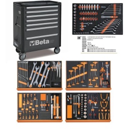 Servante d'atelier la nouvelle de chez Beta
Plus haute, plus robuste, plus sûre!
Servante mobile d'atelier à 7 tiroirs c37
Caractéristiques principales :
- 7 tiroirs de 588x367 mm. montés sur glissières à billes de précision :
5 tiroirs hauteur 75 mm
1 tiroir hauteur 150 mm
1 tiroir hauteur 225 mm
- Plan de travail plastique haute résistance.
- Bacs de rangement et trous pour tournevis.
- Guide de coupe en "V" pour la coupe des tubes et profilés.
- Palette en aluminium avec système d'ouverture rapide sur toute la longueur du tiroir.
- Pare-chocs angulaires sur toute la hauteur pour éviter. en cas de chocs. d'endommager les véhicules ou la servante à l'intérieur de l'atelier.
- Fonds des tiroirs protégés par un tapis en Néoprène.
- Quatre roues 125 mm:
2 fixes et 2 pivotantes (dont une avec frein).
-Verrouillage de sécurité centralisé frontal.
-Capacité de charge statique : 1000 kg.
-Porte-flacons et porte-papier latéraux intégrés et réglables en différentes positions.
- 71 kg
Compostion 4 tiroirs Beta made in Italie
42	clés mixtes 6-21mm	
42	clés mixtes 22 - 24 - 27 - 30 - 32mm	
1048	Pince multiprise entrepassée 250mm	
1052	pince - étau à becs droits 240 mm	
96T	clés mâles 6 pans à poignée en T 2-2,5-3-4-5-6-7-8 mm	
97TTX	tournevis pour vis Torx®  T10-T15-T20-T25-T30	
111	clé à molette 250 mm	
1128BMX	ciseaux d’electricien	
1692/5	mètre à ruban 5 m	
1771	cutter à lame sécable 18 mm avec lames 170 mm	
1260	tournevis pour vis à fente  3x75 - 3,5x100 - 4x125 - 5,5x150 - 6,5x150 mm	
1262	tournevis pour vis Phillips®  PH0x60 - PH1x80 - PH2x100mm	
1260N	tournevis à lame courte pour vis à fente  4x30 mm	
1262N	tournevis à lame courte pour vis Phillips®  PH1x30 mm	
860LP	Embout coloré pour visseuses pour vis à fente  0,5x3 - 0,6x4,5 - 0,8x5,5 - 1x5,5 - 1,2x6,5 mm	
860PE	Embout coloré pour visseuses pour vis 6 pans creux  2 - 2,5 - 3 - 4 - 5 - 6 - 8 - 10 mm	
860PH	Embout coloré pour visseuses pour vis Phillips®  PH0 - PH1 - PH2 - PH3 - PH4	
860PZ	Embout coloré pour visseuses pour vis Pozidriv® - Supadriv®  PZ1 - PZ2 - PZ3 - PZ4	
860TX	Embout coloré pour visseuses pour vis Torx®  T6-T7-T8-T9-T10-T15-T20-T25-T27-T30-T40	
860RTX	Embout coloré pour visseuses pour vis Tamper Resistant Torx®  T9-T10-T15-T20-T25-T27-T30-T40	
851SR	Poignée porte-embouts à bague de déverrouillage rapide 230 mm	
860/55	Cliquet réversible porte-embouts 100 mm	
882P	rallonge porte-embouts magnétique 80 mm	
892	porte-douille pour visseuses 1/4 -  1/4	
35	burins nervurés 100 - 200 mm	
1370	marteau de mécanicien 300g	
1390	marteau de mécanicien 35mm	
920AN	rallonge angulaire - 1/2” 125mm	
920AN	rallonge angulaire - 1/2” 250mm	
920/25	cardan 1/2"	
920/42	poignée coulissante 1/2"	
920/55	cliquet réversible 1/2" 	
920A	douilles 6 pans avec carré conducteur femelle 1/2"  10÷24 - 26 - 27 - 30 - 32 mm	
1082GBM	160 mm	
1150GBM	​pince universelle, branches gainées confort bi-matières, modèle grande capacité, finition industrielle ​ 180 mm	
1166GBM	pince à becs demi-ronds longs striés, branches gainées confort bi-matières, finition industrielle ​ 160 mm	
1032	pinces pour circlips intérieurs à becs droits 180 mm	
1034	pinces pour circlips intérieurs à becs coudés 170 mm	
1036	pinces pour circlips extérieurs à becs droits 175 mm	
1038	pinces pour circlips extérieurs à becs coudés 175 mm
Module Beta easy : clé contre coudée, clé fourche , douile 3/8