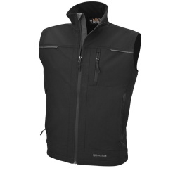 Gilet en Softshel 90 % nylon, 10 % tissu élastifié, 250 g/m2
 Fermeture frontale avec fermeture éclair
- Deux poches à la taille avec fermeture éclair
- Poche extérieure de poitrine avec fermeture éclair verticale
Colore
Noir
UK: S, M, L, XL, XXL, XXXL