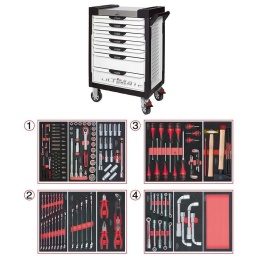 Servante d'atelier 7 tiroirs Ultimate
- Composition 173 outils
Tiroir 1 : Douille 1/4 - douille 1/2 - douille longue 1/2
Tiroir 2: clés mixte et pinces
Tiroir 3 : Tournevis - martellerie
Tiroir 4 : clé à pipe et module de rangement
la servante d'atelier kstools. série ultimate. est le modèle de desserte d'atelier. le plus haut de gamme  de la marque. ks tools. 
les tiroirs de la servante d'atelier ultimate, possedent un système de glissière à roulements à billes (résistance 45kg). Equipé du système "one by one"., ouverture d'un seul tiroir a la fois, vous pouvez deplacer votre servante d'atelier sans forcement l'a fermer a clé !
Les tiroirs de cette servante ont une grande capacité. 40cm de profondeur par 57cm de largeur, tout les tiroirs de cette servante d'atelier sont fournis avec un tapis mousse, a installer au fond. 
Le plan de travail des servantes d'atelier Ultimate est recouvert d'un plateau inox et de boitier "range visserie" sur les cotés,
Au niveau du chassis, les pans de cette servante d'atelier sont perfores, se qui vous permet l'instalation de nombreuses options. tel que. un dérouleur de papier, des crochets de fixations...
Cette gamme  de servante d'atelier repond parfaitement au rangement pour le mécanicien, carrossier, mais aussi pour les métiers de l'industrie (rangement d'outils de tours / fraiseuse...) ainsi que des domaines tel que le medical. l'aéronotique...
- construction a pans coupés renforçant la structure du bati
- système "one by one" antibasculement 
- panneau lateral déporté et pré-percé pour fixation de crochet et accessoires
- 2 roues fixes grand diamètre pour une meilleure stabilite et un déplacement aise sur tous types de sols
- 2 roues pivotantes avec système de freinage total
- plan de travail avec rangements et recouvert inox
- tiroirs sur glissieres à billes extra-resistant (45 kg par tiroir)
- tiroirs à ouverture totale
- fermeture totale et simultanee des tiroirs par serrure 
- poignée tubulaire de manutention
- finition "Ultimate"
Composition :
Module 54 pièces douilles et accessoires 1/4’’ ref : 713.1020  
- Cliquet réversible 72 dents
- 1x Poignée emmanchée 1/4’’
- 2x Rallonges 1/4’’ : L. 50 mm et L. 100 mm
- 1x Rallonge flexible : L. 150 mm
- 1x Poignée coulissante T : L. 115 mm
- 1x Cardan universel 1/4"
- 13x Douilles 1/4’’ : 4 - 4,5 - 5 - 5,5 - 6 - 7 - 8 - 9 - 10 - 11 - 12 - 13 - 14 mm
- 8x Douille longue 1/4" : 6 - 7 - 8 - 9 - 10 - 11 - 12 - 13
- 1x Porte embout 1/4" 
- 3x Embouts de vissage Fente 4 - 5,5 - 8 mm 
- 3x Embouts de vissage PHILLIPS® PH 1 - PH 2 - PH3 
- 2x Embouts de vissage POZIDRIV® PZ 1 - PZ 2 
- 6x Embouts de vissage 6 pans : 3 - 4 - 5 - 6 - 7 - 8  mm
- 7x Embouts de vissage TORX® profil E T10 - T15 - T20 - T25 - T27 - T30 - T40
​- 4x Embouts de vissage 12 pans : M4 - M5 - M6 - M8 
Module de douilles et accessoires ULTIMATE 1/2'' , 24 pièces ref : 713.1024  
- 1 x Cliquet réversible 72 dents
- 2 x Rallonges : 125 - 250 mm
- 1 x Cadran universel 1/2"
- 1 x Bague coulissante 3/8" x 1/2"
- 17 x Douilles : 10 - 11 - 12 - 13 - 14 - 15 - 16 - 17 - 18 - 19 - 20 - 21 - 22 - 24 - 27 - 30 - 32 mm
- 2 x Douilles longues : 16 - 21 mm
Module de douilles longues et accessoires 1/2",  17 pièces ref : 713.1026   
- 1 x Rallonge : 125 mm
- 2 x Rallonges à verrouillage : 75 - 250 mm
- 10 x Douilles : 10 - 11 - 12 - 13 - 15 - 17 - 19 - 22 - 24 - 27 mm
- 4 x Douilles 6 pans : 14 - 16 - 18 - 21 mm
Module de clés mixtes ULTIMATE, 17 pièces ref : 713.2017   
- 17 x Clés mixtes : 6 - 7 - 8 - 9 - 10 - 11 - 12 - 13 - 14 - 15 - 16 - 17 - 18 - 19 - 20 - 21 - 22 mm
Module de clés mixtes ULTIMATE, 5 pièces ref : 713.2015   
- 5 x Clés mixtes : 24 - 27 - 29 - 30 - 32 mm
Module de pinces, 4 pièces ref : 713.4014  
- 1 x Pince coupante diagonale : L. 160 mm
- 1 x Pince universelle : L. 180 mm
- 1 x Pince à bec demi-rond : L. 200 mm
- 1 x Pince multiprises à verrouillage : L. 250 mm
Module de vissage, 28 pièces ref : 712.5028   
- 1 x Tournevis ULTIMATE tom pouce Fente : 6,5 mm
- 3 x Tournevis ULTIMATE Fente : 3,5 - 5,5 - 8 mm
- 1 x Tournevis ULTIMATE tom pouce PHILLIPS : PH2
- 3 x Tournevis ULTIMATE PHILLIPS : PH1 - PH2 - PH3
- 1 x Tournevis ULTIMATE tom pouce PROZIDRIV : PZ2
- 3 x Tournevis ULTIMATE PROZIDRIV : PZ1 - PZ2 - PZ3
- 1 x Jeu de clés mâles 6 pans à tête sphérique longues : 2 - 2,5 - 3 - 4 - 5 - 6 - 8 - 10 mm
- 1 x Jeu de clés mâles TORX longues : T10 - T15 - T20 - T25 - T30 - T40 - T45 - T50
Module d'outils de frappe manche bois, 9 pièces ref : 713.1101  
- 1 x Burin de carossier extra-plat : 250 mm
- 6 x Chasse goupilles brunis : 3 - 4 - 5 - 6 - 10 mm
- 1 x Marteau rivoir : 600g
- 1 x Maillet à embouts plastique interchangeables : 340g
Module de clés à pipe débouchées - 6 pans, 4 pièces ref : 713.4004  
- 4 x Clés à pipe débouchées : 21 - 22 - 24 - 27 mm
Module de clés à pipe débouchées - 6 pans, 11 pièces ref : 713.2011  
- 11 x Clés à pipe débouchées : 8 - 10 - 11 - 12 - 13 - 14 - 15 - 16 - 17 - 18 - 19 mm
Module vide 1/3 - 1 compartiment  ref : 713.1300 
- poids 57kg
- dimension hors tout : l678xl459xh859 (hauteur avec roues 1035mm 
- roue dia 125mm larg 50mm 