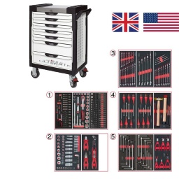 Servante d'atelier 7 tiroirs Ultimate
- Composition 311 outils; outillage idéal pour aviation, moto et auto anglaise et américaine
Tiroir 1 : Douille 1/4 - douille 1/2 - douille torx femelle et embouts 10mm torx, allen, xzn
Tiroir 2: douille cote en pouce, et cle allen en pouce, pinces
Tiroir 3: clés mixtes métrique et cote en pouce
Tiroir 4: tournevis plat cruciforme, martellerie
Trioir 5: cle allen en T , cle torx en T, pince circlips
Servante d'atelier kstools. série ultimate. est le modèle de desserte d'atelier. le plus haut de gamme  de la marque. ks tools. 
les tiroirs de la servante d'atelier ultimate, possedent un système de glissière à roulements à billes (résistance 45kg). Equipé du système "one by one"., ouverture d'un seul tiroir a la fois, vous pouvez deplacer votre servante d'atelier sans forcement l'a fermer a clé !
Les tiroirs de cette servante ont une grande capacité. 40cm de profondeur par 57cm de largeur, tout les tiroirs de cette servante d'atelier sont fournis avec un tapis mousse, a installer au fond. 
Le plan de travail des servantes d'atelier Ultimate est recouvert d'un plateau inox et de boitier "range visserie" sur les cotés,
Au niveau du chassis, les pans de cette servante d'atelier sont perfores, se qui vous permet l'instalation de nombreuses options. tel que. un dérouleur de papier, des crochets de fixations...
Cette gamme  de servante d'atelier repond parfaitement au rangement pour le mécanicien, carrossier, mais aussi pour les métiers de l'industrie (rangement d'outils de tours / fraiseuse...) ainsi que des domaines tel que le medical. l'aéronotique...
- construction a pans coupés renforçant la structure du bati
- système "one by one" antibasculement 
- panneau lateral déporté et pré-percé pour fixation de crochet et accessoires
- 2 roues fixes grand diamètre pour une meilleure stabilite et un déplacement aise sur tous types de sols
- 2 roues pivotantes avec système de freinage total
- plan de travail avec rangements et recouvert inox
- tiroirs sur glissieres à billes extra-resistant (45 kg par tiroir)
- tiroirs à ouverture totale
- fermeture totale et simultanee des tiroirs par serrure 
- poignée tubulaire de manutention
- finition "Ultimate"
Composition :
Module 54 pièces douilles et accessoires 1/4’’ ref : 713.1020     
- Cliquet réversible 72 dents
- 1x Poignée emmanchée 1/4’’
- 2x Rallonges 1/4’’ : L. 50 mm et L. 100 mm
- 1x Rallonge flexible : L. 150 mm
- 1x Poignée coulissante T : L. 115 mm
- 1x Cardan universel 1/4"
- 13x Douilles 1/4’’ : 4 - 4,5 - 5 - 5,5 - 6 - 7 - 8 - 9 - 10 - 11 - 12 - 13 - 14 mm
- 8x Douille longue 1/4" : 6 - 7 - 8 - 9 - 10 - 11 - 12 - 13
- 1x Porte embout 1/4" 
- 3x Embouts de vissage Fente 4 - 5,5 - 8 mm 
- 3x Embouts de vissage PHILLIPS® PH 1 - PH 2 - PH3 
- 2x Embouts de vissage POZIDRIV® PZ 1 - PZ 2 
- 6x Embouts de vissage 6 pans : 3 - 4 - 5 - 6 - 7 - 8  mm
- 7x Embouts de vissage TORX® profil E T10 - T15 - T20 - T25 - T27 - T30 - T40
​- 4x Embouts de vissage 12 pans : M4 - M5 - M6 - M8
Module de douilles et accessoires ULTIMATE 1/2'' , 24 pièces ref : 713.1024  
- 1 x Cliquet réversible 72 dents
- 2 x Rallonges : 125 - 250 mm
- 1 x Cadran universel 1/2"
- 1 x Bague coulissante 3/8" x 1/2"
- 17 x Douilles : 10 - 11 - 12 - 13 - 14 - 15 - 16 - 17 - 18 - 19 - 20 - 21 - 22 - 24 - 27 - 30 - 32 mm
- 2 x Douilles longues : 16 - 21 mm
Module d'embouts de vissage et douilles TORX, 88 pièces ref : 713.5010
- 5 x Douilles TORX 1/4" : E4 - E5 - E6 - E7 - E8
- 4 x Douilles TORX 3/8" : E10 - E11 - E12 - E14
- 3 x Douilles TORX 1/2" : E16 - E18 - E20
- 1 x Douille porte-embouts 1/4" x 1/4"
- 2 x Douilles porte-embouts : 3/8" - 10 mm et 1/2" - 10 mm
- 1 x Rallonge : 30 mm
- 3 x Embouts de vissage Fente : 25 mm x (5,5 - 6,5 - 8,0 mm)
- 3 x Embouts de vissage PHILLIPS : 25 mm x (PH1 - PH2 - PH3)
- 6 x Embouts de vissage PROZIDRIV : 25 mm x (PZ1 - 2 x PZ2 - 3 x PZ3)
- 3 x Embouts de vissage 6 pans : 25 mm x (4 - 5 - 6 mm)
- 15 x Embouts de vissage TORX percé : 25 mm x (2 x T10 - 3 x T15 - 2 x T20 - 3 x T25 - 3 x T30 - 2 x T40)
- 2 x Embouts de vissage Fente : 30 mm x (8 - 10 mm)
- 2 x Embouts de vissage PHILLIPS : 30 mm x (PH2 - PH3)
- 7 x Embouts de vissage 6 pans : 30 mm x (4 - 5 - 6 - 7 - 8 - 10 - 12 mm)
- 9 x Embouts de vissage TORX percé : 30 mm x (T20 - T25 - T27 - T30 - T40 - T45 - T50 - T55 - T60)
- 5 x Embouts de vissage 12 pans : 30 mm (M5 - bM6 - M10 - M12)
- 5 x Embouts longs 6 pans : 75 mm x (5 - 6 - 7 - 8 - 10 mm)
- 8 x Embouts longs TORX percé : 75 mm x (T20 - T25 - T27 - T30 - T40 - T50 - T55 - T60)
- 4 x Embouts longs 12 pans : 75 mm x (M6 - M8 - M10 - M12)
Module de douilles en pouces 1/4'' - 1/2'', 62 pièces ref : 712.1010  
- 1 x Rallonge : 125 mm
- 2 x Rallonges à verrouillage : 75 - 250 mm
- 10 x Douilles : 10 - 11 - 12 - 13 - 15 - 17 - 19 - 22 - 24 - 27 mm
- 4 x Douilles 6 pans : 14 - 16 - 18 - 21 mm
Module de pinces, 4 pièces ref : 713.4014
- 1 x Pince coupante diagonale : L. 160 mm
- 1 x Pince universelle : L. 180 mm
- 1 x Pince à bec demi-rond : L. 200 mm
- 1 x Pince multiprises à verrouillage : L. 250 mm
Module de clés mixtes ULTIMATE, 17 pièces ref : 713.2017
- 17 x Clés mixtes : 6 - 7 - 8 - 9 - 10 - 11 - 12 - 13 - 14 - 15 - 16 - 17 - 18 - 19 - 20 - 21 - 22 mm
Module de clés mixtes ULTIMATE, 5 pièces  ref : 713.2015
- 5 x Clés mixtes : 24 - 27 - 29 - 30 - 32 mm
Module de clés mixtes ULTIMATE en pouces, 13 pièces ref : 713.2016
- 13 x Clés mixtes : 1/4" - 5/16" - 11/32" - 3/8" - 7/16" - 1/2" - 9/16" - 5/8" - 11/16" - 3/4" - 11/16" - 3/4" - 13/16" - 7/8" - 15/16" 
Module de tournevis ULTIMATE Fente - POZIDRIV, 6 pièces ref : 713.5016
- 4 x Tournevis ULTIMATE Fente : 4 - 5,5 - 6,5 - 8 mm
- 2 x Tournevis ULTIMATE PROZIDRIV : PZ1 - PZ2
Module de tournevis ULTIMATE TORX, 6 pièces ref : 713.5013
- 6 x Tournevis ULTIMATE TORX : T10 - T15 - T20 - T25 - T30 - T40
Module d'outils de frappe manche bois, 9 pièces ref : 713.1101 
- 1 x Burin de carossier extra-plat : 250 mm
- 6 x Chasse goupilles brunis : 3 - 4 - 5 - 6 - 10 mm
- 1 x Marteau rivoir : 600g
- 1 x Maillet à embouts plastique interchangeables : 340g 
Module de clés mâles 6 pans à poignée en T, 8 pièces ref : 713.5017
-  8 x Clés mâles 6 pans à poignée en T : 2 - 2,5 - 3 - 4 - 5 - 6 - 8 - 10 mm
Module de clés mâles TORX à poignée en T, 9 pièces ref : 713.5018
- 9 x Clés mâles TORX à poignée en T : T10 - T15 - T20 - T25 - T27 - T30 - T40 - T45 - T50
Module de 6 pinces à Circlips ref : 713.5006
- 2 x Pinces à joncs extérieur : 10 - 25 mm, 19 - 60 mm
- 1 x Pince extérieur coudée : 16 - 60 mm
- 2 x Pinces intérieur droites : 12 - 25 mm, 19 - 60 mm
- 1 x Pince intérieur coudée : 19 - 60 mm
 
- poids 57kg
- dimension hors tout : l678xl459xh859 (hauteur avec roues 1035mm 
- roue dia 125mm larg 50mm 