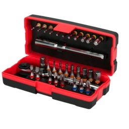 Coffret de 28 embouts de vissage 1/4'' à code couleur TORSIONpower, 31 pièces
Entraînement 6 pans 1/4" selon DIN 3126 / ISO 1173 - C 6,3
Pour une utilisation manuelle ou avec visseuse
Embouts avec code couleur
Cliquet réversible 72 dents
Tête inclinable à 180°
Avec rallonge et adaptateur 1/4"
La rallonge peut aussi être utilisée comme poignée en T
Chromé satiné mat
Chrome Vanadium
Coffret de rangement bi-matière