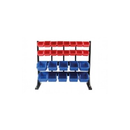 Stand pour établi pour 26 bacs de rangement 
Contient 16 bacs de rangement rouge de 160mm x 103mm x 72mm et 10 bacs de rangement bleus 237mm x 144mm x 125mm.
Fixations inclues avec mode d'emploi pour l'assemblage 
