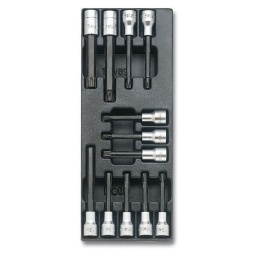 Module douilles torx/6pans/xzn
- composition:
6 pans allen: 5-6-7-8-10mm torx t40-t45-t55-t70
xzn m6-m8-m12
- plateau thermoformé rigide 
- 1/4 de tiroir
- 367x147mm - qualité premium beta depuis 1939