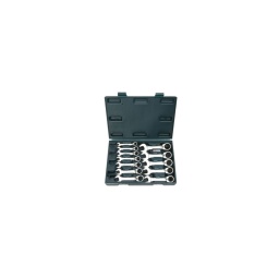 Coffret 12 mini clés mixte à cliquet 
finition chromée mat
fourche inclinée a 15°
tête cliquet coudée a 15°
denture fine
il est inutile de replacer la clé constamm nt
conception compacte qui permet le travail dans les endroits etroits. la ou cliquet et douille ne le permettent pas
composition: 8-9-10-11-12-13-14-15-16-17-18-19mm 