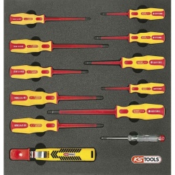 Module tournevis isolées 1000v

- embouts en acier s2 ultra resistant
- module de rangement en mousse haute densite

composition :
- 4 tournevis plats 3.5-4-5.5-6.5mm - 6 cruciformes ph0-ph1-ph2-pz0-pz1-pz2
- 1 tournevis testeur 220-250v 140mm - 1 couteau à dégainer 8-28mm 