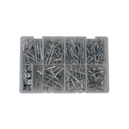 Assortiment de rivets populaires 475 pcs
rivet standard tête normale et tête large
3.2 x 8. 3.2 x 12. 4.0 x 10mm  4.8 x 18.7mm en rivet normal
4.8 x 12 large flange. 4.8 x 18.7mm  4.8 x 25mm pour rivet tête large
rondelle pour rivets