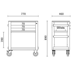 Chariot de service d'atelier à 3 tiroirs
Entièrement rénové et accessoirisé !
Indispensable pour votre atelier !
Caractéristiques principales :
- plan de travail renforcé en ABS, solide et robuste
- plateau polyvalent avec bords antichute et 8 trous pour accueillir les tournevis
- 3 tiroirs (588x367 mm) avec glissières à roulement à billes, 70 mm de haut
- bases de tiroirs protégées par des tapis en caoutchouc moussé
- chaque tiroir peut accueillir jusqu'à 4 plateaux thermoformés en mousse EVA ou ABS
- serrure de sécurité centralisée à l'avant
- pratique porte-tournevis latéral inclus
- deux porte-spray aérosol latéraux intégrés dans la structure
- grande étagère inférieure protégée par un tapis en caoutchouc imperméable à l'huile et à l'essence
- quatre roulettes, Ø 125 mm: 2 fixes et 2 directions (une avec frein)
- capacité de charge statique : 400 kg
- portée de chaque tiroir : 15 kg distribués de manière uniforme
​Les accessoires suivantes peuvent être ajoutés :
- Plan de travail en bois 2400 RSC24/PL
- Panneau d'outils perforé 2400 RSC24/PF
- Support d'ordinateur 2400 RSC24/SPC
- Étagère pliante 2400 RSC24/MP
- Porte-rouleau de papier 2400 RSC24/PC-A
​38 kg