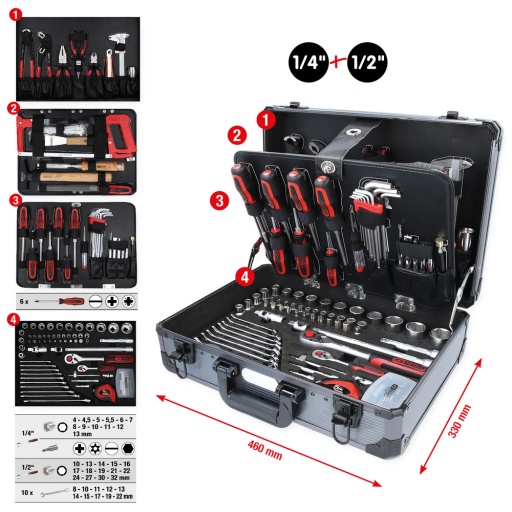 Coffret d'outils universels 1/4'' + 1/2'' 149 pièces