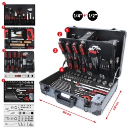 6 pans
Système FlankTraction
Finition satinée
Chrome Vanadium
Dans son coffre en Aluminium