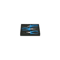 Jeu de 3 pinces ergotorque plus 

- chrome vanadium ultra resistant
- poignée ergonomique bicomposant
- ouverture automatique grace a son ressort de rappel
- composition:
1 pince coupante
1 pince universelle
1 pince bec demi rond droit