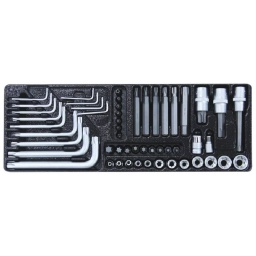 Module plastique 52 pcs douilles et embouts torx
Composition :

Module plein composé de 52 pcs :
• 12 douilles Torx®
1/4" – E4 à E8
3/8’’ – E10 à E20
• 3 douilles tournevis Torx® ½ ‘’ (T55-T60-T70)
• 2 Douilles porte-embout ¼’’ et 3/8’’
• 7 embouts Torx® ¼’’ alésés (TT8 à TT30)
• 9 embouts Torx® 3/8’’ (30mm-T10 à T55)
• 6 embouts Torx® 3/8’’ (75mm-T25 à T60)
• 13 clés mâles coudées Torx® (T8 à T60)
• Module vide réf.09133