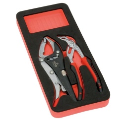Module pince multiprise et pince étau
1 pince étaux becs longs // 1 pince multiprise becs effilés 240 mm manche bimatière. Dans module mousse bicolore 385 x 165 mm
Les outils manquants se repèrent en quelques secondes grâce au fond rouge. Mousse bi-colore haute densité, ne casse pas, ne retient pas l'humidité et résiste aux produits de l'atelier
