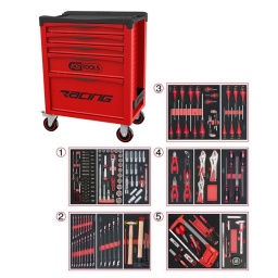 Servante d'atelier avec plan de travail recouvert d'un tapis en mousse
Cette nouvelle servante d'atelier de chez ks tools, modèle racing, est une évolution de l'ancien modèle dakar édition.
En effet pour cette servante d'atelier, ks tools a utilisé ces 20 ans d' expérience sur l'ancien modèle, la racing est le fruit des milliers de retour d'informations clients, garage, carrosserie, industrie et particulier. 
Cette servante d'atelier ks tools est plus pratique gràce à ces nouveaux panneaux perforés pour accessoires, plus résistante nouveau chassis, roue diamètre 125mm, et un tout nouveau système de fermeture du tiroir, plus sécurisant que sur l'ancienne version
La servante d’atelier KStools. série Racing respecte les normes de robustesse et de solidite deja reconnues sur les autres lignes de servantes d’atelier de la marque KS Tools. 
Les tiroirs de la servante d’atelier Racing possedent un systeme de roulements à billes (résistance 30kg), un système de fermeture par serrure et s’ouvre totalement pour plus de facilite dans vos rangements.
Les tiroirs de cette servante atelier ont une grande capacité. 40cm de profondeur par 57cm de largeur, tout les tiroirs de cette servante d'atelier sont fournis avec un tapis mousse a installer au fond. 
Sur son plan de travail on trouve un tapis en mousse imputrescible. sa poignée de côté et ses 4 roues robustes dont 2 directionnelles avec frein. La servante d'atelier Racing reste une reference en therme d’ergonomie, fini le désordre dans le garage, rangez vos outils, ou bien d'autre chose de manière ordonnée.
Plan de travail avec tapis en mousse
Dimensions utiles des tiroirs servante 5 tiroirs résistance 30kg :
3 x H 55 X L 565 X P 405mm 
1x H 130 X L565 X P 405MM
1x H 280X L 565 X P 405MM
Poids: 45kg
Poids maximum admissible en statique: 500kg
ref: 855.0005
Composition :
Module 54 pièces douilles et accessoires 1/4’’ ref : 713.1020 
- Cliquet réversible 72 dents
- 1x Poignée emmanchée 1/4’’
- 2x Rallonges 1/4’’ : L. 50 mm et L. 100 mm
- 1x Rallonge flexible : L. 150 mm
- 1x Poignée coulissante T : L. 115 mm
- 1x Cardan universel 1/4"
- 13x Douilles 1/4’’ : 4 - 4.5 - 5 - 5.5 - 6 - 7 - 8 - 9 - 10 - 11 - 12 - 13 - 14 mm
- 8x Douille longue 1/4" : 6 - 7 - 8 - 9 - 10 - 11 - 12 - 13
- 1x Porte embout 1/4" 
- 3x Embouts de vissage Fente 4 - 5.5 - 8 mm 
- 3x Embouts de vissage PHILLIPS® PH 1 - PH 2 - PH3 
- 2x Embouts de vissage POZIDRIV® PZ 1 - PZ 2 
- 6x Embouts de vissage 6 pans : 3 - 4 - 5 - 6 - 7 - 8 mm
- 7x Embouts de vissage TORX® profil E T10 - T15 - T20 - T25 - T27 - T30 - T40
​- 4x Embouts de vissage 12 pans : M4 - M5 - M6 - M8
Module de douilles et accessoires ULTIMATE 1/2'' . 24 pièces ref : 713.1024 
- 1 x Cliquet réversible 72 dents
- 2 x Rallonges : 125 - 250 mm
- 1 x Cadran universel 1/2"
- 1 x Bague coulissante 3/8" x 1/2"
- 17 x Douilles : 10 - 11 - 12 - 13 - 14 - 15 - 16 - 17 - 18 - 19 - 20 - 21 - 22 - 24 - 27 - 30 - 32 mm
- 2 x Douilles longues : 16 - 21 mm
Module de douilles longues et accessoires 1/2". 17 pièces ref : 713.1026 
- 1 x Rallonge : 125 mm
- 2 x Rallonges à verrouillage : 75 - 250 mm
- 10 x Douilles : 10 - 11 - 12 - 13 - 15 - 17 - 19 - 22 - 24 - 27 mm
- 4 x Douilles 6 pans : 14 - 16 - 18 - 21 mm
Module de clés mixtes ULTIMATE. 17 pièces ref : 713.2017 
- 17 x Clés mixtes : 6 - 7 - 8 - 9 - 10 - 11 - 12 - 13 - 14 - 15 - 16 - 17 - 18 - 19 - 20 - 21 - 22 mm
Module de clés mixtes ULTIMATE. 5 pièces ref : 713.2015 
- 5 x Clés mixtes : 24 - 27 - 29 - 30 - 32 mm
Module d'outils de frappe manche bois. 9 pièces ref : 713.1101 
- 1 x Burin de carossier extra-plat : 250 mm
- 6 x Chasse goupilles brunis : 3 - 4 - 5 - 6 - 10 mm
- 1 x Marteau rivoir : 600g
- 1 x Maillet à embouts plastique interchangeables : 340g

Module de vissage. 28 pièces ref : 712.5028 
- 1 x Tournevis ULTIMATE tom pouce Fente : 6.5 mm
- 3 x Tournevis ULTIMATE Fente : 3.5 - 5.5 - 8 mm
- 1 x Tournevis ULTIMATE tom pouce PHILLIPS : PH2
- 3 x Tournevis ULTIMATE PHILLIPS : PH1 - PH2 - PH3
- 1 x Tournevis ULTIMATE tom pouce PROZIDRIV : PZ2
- 3 x Tournevis ULTIMATE PROZIDRIV : PZ1 - PZ2 - PZ3
- 1 x Jeu de clés mâles 6 pans à tête sphérique longues : 2 - 2.5 - 3 - 4 - 5 - 6 - 8 - 10 mm
- 1 x Jeu de clés mâles TORX longues : T10 - T15 - T20 - T25 - T30 - T40 - T45 - T50
Module de tournevis ULTIMATE TORX. 6 pièces ref : 713.5013 
- 6 x Tournevis ULTIMATE TORX : T10 - T15 - T20 - T25 - T30 - T40
Module de pinces. 4 pièces ref : 713.4014 
- 1 x Pince coupante diagonale : L. 160 mm
- 1 x Pince universelle : L. 180 mm
- 1 x Pince à bec demi-rond : L. 200 mm
- 1 x Pince multiprises à verrouillage : L. 250 mm
Module de pinces étaux GRIPfix Xtreme. 3 pièces ref : 713.1003 
- 2 x Pinces étaux GRIPfix Xtreme : 175 - 250 mm
- 1 x Pince étau auto-ajustable à bec long : 150 mm
Module de limes demi-douces. 4 pièces ref : 713.3004 
- 1 x Râpe plate emmanchée : 200 mm
- 1 x Râpe demi-onde emmanchée : 200mm
- 1 x Râpe ronde emmanchée : 200 mm
- 1 x Râpe triangulaire emmanchée : 200 mm
Module d'outils de coupe. 8 pièces ref : 712.9009 
- 1 x Monture de scie métallique : 300 mm
- 1 x Tenailles russes gainées : 190 mm
- 1 x Cutter universel à lame sécable
- 1 x Lames de rechange : 10 x 18 mm
- 1 x Ciseaux d'électricien
- 1 x Grattoir à lame rétractable
- 1 x Grattoir emmanché désaxé
- 1 x Grattoir à lame inox
Module d'outils de mesure. 7 pièces ref : 713.8007 
- 1 x Calibre à coulisse digital : 0 - 150 mm
- 1 x Réglet flexible : 300 - 13 mm
- 1 x Mètre à ruban : 5 m x 19 mm
- 1 x Pointe à tracer en carbure à corps 6 pans : 145 mm
- 1 x Jauge de filetage : 0.40 - 6 mm - ISO
- 1 x Jauge d'épaisseur : 0.05 - 1 mm
- 1 x Aimant magnétique : 130 - 630 mm 