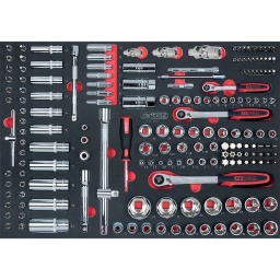 Module de douilles et accessoires mat, cliquet ultimate - module 1/1 - pour servantes et etablis - empreinte des outils découpee au laser - mousse imputrescible bi colores composition : 3 cliquets : 1/4