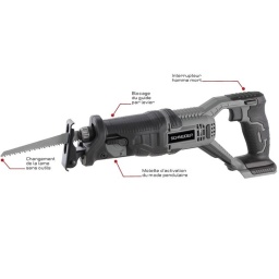 Scie Sabre 20v Sans Batterie & Chargeur
Descriptif : 
Interrupteur homme mort. 
Blocage du guide par levier. 
Avec : 
- 1 lame bois 150x19x1,2mm 
- 1 lame métal 150x19x1,2mm. 
Les plus : 
Poignée bi matière technologie "soft grip" 
Changement de la lame sans clé 