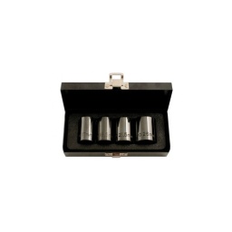 Douilles de dépose d'urgence d'écrous de roue – 4 pièces Entraînement de 1/2". Dépose d'écrous de roue endommagés En chrome-molybdène. Tailles : 17 | 18,5 | 21,5 et 26 mm x 38 de long. Fabriquées en acier spécial pour outillage à impact. Livrées dans un coffret de rangement pratique.