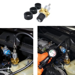 Kit de capuchon de test de pression de radiateur universel utilisant un jeu d'adaptateurs en caoutchouc montables sur un bouchon expansible pour permettre de boucher les cols de remplissage du radiateur et du vase d'expansion pour un essai en pression.

Le kit comprend : 1 universel adaptateur et 3 bagues en caoutchouc expansibles : dia. ext. 35 x dia. int. 30 mm, dia. ext. 39,5 x dia. int. 30 mm, dia. ext. 44 x dia. int. 30 mm.
Peut s'utiliser avec la pompe Laser, référence 1735 et le kit de test de pression de circuit de refroidissement, référence 5614 pour un essai en pression.
Se référer aux données relatives au véhicule pour connaître la pression de service maximale.
Conçu pour réaliser l'étanchéité sur la zone parallèle à l'intérieur du col de remplissage.
Pour les bouchons de type à visser, voir le kit Laser 5614