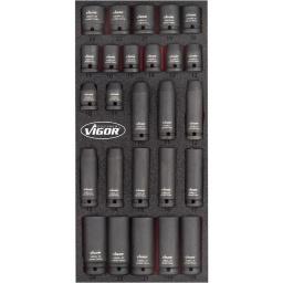 Module douilles chocs 1/2 courte et longues  26 pièces
-Courte : 10-11-12-13-14-15-16-17-18-19-22-24mm
-Longue : 10-11-12-13-14-15-16-17-18-19-21-22-24mm
- Dimension 188x393mm