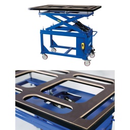 Table élévatrice électrohydraulique mobile de 230 V, avec plate-forme de levage réglable et inclinable, qui permet un accès facile sous le véhicule pour le démontage et la dépose des batteries, moteurs à combustion interne et transmissions des véhicules électriques. La table est équipée d'une surface en bois composite, avec des ouvertures spécialement fraisées, pour faciliter la fixation de la batterie/la connexion du VE ou l'accès à la transmission. Deux modèles disponibles : capacité de 1 tonne et capacité de 1,4 tonne.

Capacité de levage : CMU : 1 tonne.
Dimensions de la table : 1 760 x 1 130 mm ; hauteur de travail réglable : 1 100 - 2 000 mm.
Poids : 200 kg.
Caractéristiques : 4 roues directrices (dont deux munies de freins), plateau inclinable réglable, doubles vérins hydrauliques, glissières en polyéthylène (PE) à faible friction, butées anti-écrasement pour éviter de se coincer les mains, commande de veille automatique 24 V, câble secteur rétractable de 5 m.
230 V. Fabriqué dans l'UE. Conforme CE et UKCA. Modèle de 1,4 tonne également disponible, référence 8525