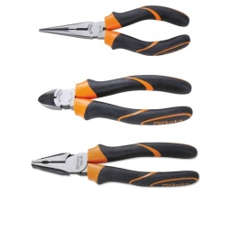 Jeu de 1 pince universelle, 1 pince à becs demi-ronds longs et 1 pince coupante, branches gainées confort bi-matières, finition industrielle