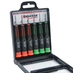 Jeu de 6 tournevis de précision
Garantie totale Drakkar 
Longueur de la lame 25mm
Longueur du tournevis 105mm
-Plat1-1,4-1,8
-Cruciforme PH000- PH00- PH0
Conditionnement carte 