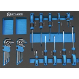 Module mousse plein tournevis et cles males - 28 outils pour 72513
Composition : - 5 tournevis plats : 2x38 - 4x100 - 5x100 - 6x125 - 8x150mm

- 5 tournevis Phillips® : PH2x38 - PH0x75 - PH1x100- PH2x100 - PH3x150mm

- 9 clés mâles Hex : 1,5-2-2,5-3-4-5-6-8-10mm

- 9 clés mâles Torx® : T10-15-20-25-27-30-40-45-50