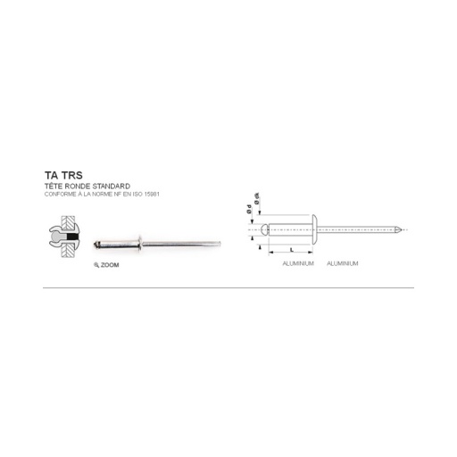 Rivet aveugle 100% aluminium ta trs 4.8 x 16mm 