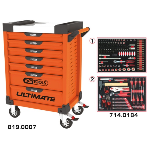 Servante ULTIMATE orange 7 tiroirs équipée de 184 outils