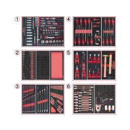 Composition d'outils 6 tiroirs pour servante
- empreinte des outils découpee au laser
- résistant aux huiles et produits chimiques
- mousse imputrescible
module de douilles (finition mat) et accessoires 1/4" - 3/8" - 1/2". 175 pièces (finition mat)
module d'embouts de vissage et douilles torx. 88 pièces
module de douilles longues à chocs 1/2''. 16 pièces
module vide 1/3
module de clés mixtes ultimate. 17 pièces - de 6 a 22 mm module de clés mixtes ultimate. 5 pièces - de 24 a 32 mm module de clés mixtes à cliquet réversible gearplus avec adaptateurs. 16 pièces
module de vissage. 28 pièces
module de tournevis ultimate torx. 6 pièces
module de pinces. 4 pièces
module de pinces à circlips. 6 pièces
module d'outils de frappe manche bois. 9 pièces
module d'embouts longs pour la mécanique 1/4" - 1/2". 38 pièces
module de douilles et clé à chocs pneumatique 1/2". 20 pièces