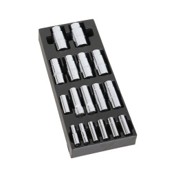 Module douilles 6 pans longues 1/4 et 1/2"
- composition:
1/4" : 6-7-8-9-10-11-12mm 1/2" : 13-14-16-17-18-19-21-22-24-27mm 
- plateau thermoformé rigide 
- 1/4 de tiroir
- 367x147mm - qualité premium beta depuis 1939