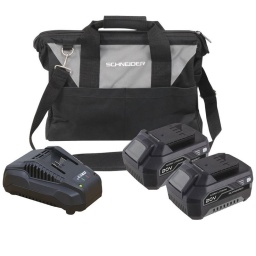 Pack 2 Batteries 5 Ah + Chargeur Rapide + Sac De Rangement
Descriptif : 
Composé de: 
- 2 batteries Li-ion 20V 5Ah réf. 50517 
Indicateur de batterie 3 niveaux : 
-Vert/Orange/Rouge = charge maximale 
-Orange/Rouge = charge moyenne 
-Rouge = charge faible. 
Li-ion 2000Ah 3,7V. 
- 1 chargeur rapide 3,5A réf. 50519 
Chargeur universel. 
Alimentation : AC 230-240V, 50Hz, 85W. 
Sortie : 21,5V DC, 3,5A. 
Avec indicateur de charge : 
-Rouge = en charge 
-Vert = chargé. 
Temps de charge : 
-Batterie 2Ah réf.50515 : 40 minutes 
-Batterie 4Ah réf.50516 : 75 minutes 
-Batterie 5Ah réf.51517 : 95 minutes. 
- 1 sac porte-outils textile réf. 50801 
Petit modèle professionnel en polyester avec anse textile, bandoulière. 
Fond et bords rigides. 
Poignées textiles 
Fermeture éclair. 
Matière : 600D polyester. 