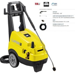 Nettoyeur haute pression pro, 
Moteur électrique 4 pôles (1450 tr/min) avec protection thermique 
Pompe linéaire 3 pistons revêtus céramique, tête de pompe en laiton avec vanne by-pass incorporée 
Clapets aspiration / refoulement acier inox 
Réservoir du détergent pour aspiration indirecte 
Régulateur de pression 
Manomètre à bain de glycérine 
Enrouleur ﬂexible (optionnel) 
Support  d’accessoires 
Poignée ergonomique
- Pression 120/150 bar
- Débit 660l/h
- Puissance 3000w
- Dimensions 76x41x75cm / 33kg
- Motopompe MP4 / 1450RPM