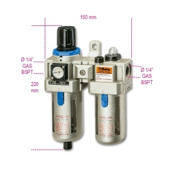 -Appareils modulaires composés d'un filtre de condensation et d'un lubrificateur
-Le groupe comprend : filtre régulateur de pression équipé d'un dispositif de blocage, mélangeur air/huile de type à micro-brouillard avec régulateur d'intensité, cuves en polycarbonate avec soupape de décharge eau semi-automatique, manomètre analogique à double échelle (bars-psi), bride de fixation
