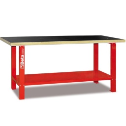 Établi de travail avec plan en bois Caractéristiques principales : - Plan de travail en bois contre-plaqué stratifié avec trous pour l'installation d'un étau (1599F/125 en option). - Structure en acier avec 4 pieds de support. - Capacité de charge statique : 800 kg. - Compartiment inférieur porte-objets. - Prévu pour la fixation au sol. - 54,5 kg 2000x930x720 mm