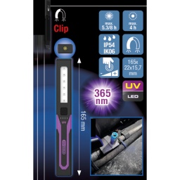 Id&eacute;ale pour les travaux sans prise de courant
Recharge sans fil gr&acirc;ce &agrave; la technologie eQi
Construction compacte
2&nbsp;niveaux d&rsquo;&eacute;clairage.
LED UV puissante
Spot LED puissante
2&nbsp;modes d&rsquo;&eacute;clairage&nbsp;: LED UV frontale et spot LED UV
Longueur d&rsquo;onde UV de 365&nbsp;nm pour la d&eacute;tection des fuites
Aimant int&eacute;gr&eacute; pour la recharge et la fixation
avec clip ceinture
Autonomie de 3&nbsp;heures pour la LED frontale &agrave; la luminosit&eacute; maximale
Autonomie de 5&nbsp;heures pour la LED frontale avec un niveau de luminosit&eacute; r&eacute;duit
Autonomie de 4&nbsp;heures pour le spot LED
Indicateur de l&rsquo;&eacute;tat de charge
Port de charge optionnel de type USB-C
2 batteries Lithium-Ion de haute capacit&eacute;
Bo&icirc;tier en plastique de qualit&eacute; sup&eacute;rieure
Norme IP54 - protection contre les projections de liquides
Tr&egrave;s r&eacute;sistant - Indice de r&eacute;sistance aux chocs IK06
