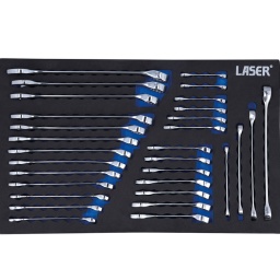 Jeu complet de clés métriques en longueur normale et courte, comprenant également un jeu de clés étoile* à double extrémité de E6 à E24, conçues pour les boulons Torx®. Les clés sont en chrome-vanadium et ont une finition polie miroir. Elles sont fournies dans un plateau en mousse EVA, conçu pour s'adapter aux tiroirs de servantes à roulettes, ce qui permet de les garder propres, bien rangées et prêtes à être utilisées. Ce jeu de 30 pièces est une excellente trousse à outils de mécanicien, car il contient une sélection utile de la plupart des tailles, couvrant les applications les plus courantes dans l'atelier.

Tailles standard métriques : 10, 11, 12, 13, 14, 15, 16, 17, 18, 19, 20, 21, 22 mm.
Tailles courtes métriques : 6, 7, 8, 9, 10, 11, 12, 13, 14, 15, 16, 17, 18 mm.
Profil 12 pans avec tête décalée de 15° pour un meilleur accès. Les tailles courtes permettent une utilisation plus facile dans les applications à accès restreint.
Tailles d'empreinte étoile* : E6 x E8, E10 x E12, E14 x E18, E20 x E24. TORX® et TORX PLUS® sont des marques déposées d'Acument Intellectual Properties LLC.
En chrome-vanadium avec une finition entièrement polie et présenté dans un plateau de rangement en mousse EVA (450 mm x 380 mm).