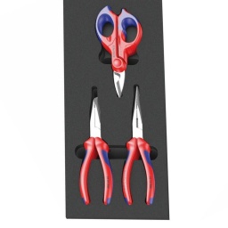 Module 3 pinces Knipex
Insert en mousse haut de gamme, hydro oléofuge facile à entretenir et à nettoyer
Composition :
1 pince bec 200mm 26 15 200
1 pince 200mm 38 25 200
1 ciseau 155mm 95 05 155
Module 172x392mm