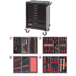 Servante d'atelier ks tools 7 tiroirs
- tiroir ouverture one by one antibasculement
- système fermeture centralisee par serrure
- plan de travail avec range visseries
- 4 roues robustes 125mm (2 directionelles avec freins)
- dimensions :
h 1016 x l 680 x p 455mm triroirs 
6 x h55xl565xp405mm 1 xh205xl565xp405mm charge par tiroirs 45kg
poids vide de la servante 54.5kg
résistance statique 500kg
servante atelier de la marque ks tools. avec noir complet du plus belle effet. parfaite pour une utilisation dans les milieux salissants (garage. industrie...)
Composition :
Module 54 pièces douilles et accessoires 1/4’’ ref : 713.1020 
- Cliquet réversible 72 dents
- 1x Poignée emmanchée 1/4’’
- 2x Rallonges 1/4’’ : L. 50 mm et L. 100 mm
- 1x Rallonge flexible : L. 150 mm
- 1x Poignée coulissante T : L. 115 mm
- 1x Cardan universel 1/4"
- 13x Douilles 1/4’’ : 4 - 4.5 - 5 - 5.5 - 6 - 7 - 8 - 9 - 10 - 11 - 12 - 13 - 14 mm
- 8x Douille longue 1/4" : 6 - 7 - 8 - 9 - 10 - 11 - 12 - 13
- 1x Porte embout 1/4" 
- 3x Embouts de vissage Fente 4 - 5.5 - 8 mm 
- 3x Embouts de vissage PHILLIPS® PH 1 - PH 2 - PH3 
- 2x Embouts de vissage POZIDRIV® PZ 1 - PZ 2 
- 6x Embouts de vissage 6 pans : 3 - 4 - 5 - 6 - 7 - 8 mm
- 7x Embouts de vissage TORX® profil E T10 - T15 - T20 - T25 - T27 - T30 - T40
​- 4x Embouts de vissage 12 pans : M4 - M5 - M6 - M8 
Module de douilles et accessoires ULTIMATE 1/2'' . 24 pièces ref : 713.1024 
- 1 x Cliquet réversible 72 dents
- 2 x Rallonges : 125 - 250 mm
- 1 x Cadran universel 1/2"
- 1 x Bague coulissante 3/8" x 1/2"
- 17 x Douilles : 10 - 11 - 12 - 13 - 14 - 15 - 16 - 17 - 18 - 19 - 20 - 21 - 22 - 24 - 27 - 30 - 32 mm
- 2 x Douilles longues : 16 - 21 mm
Module d'embouts de vissage et douilles TORX. 88 pièces ref : 713.5010 
- 5 x Douilles TORX 1/4" : E4 - E5 - E6 - E7 - E8
- 4 x Douilles TORX 3/8" : E10 - E11 - E12 - E14
- 3 x Douilles TORX 1/2" : E16 - E18 - E20
- 1 x Douille porte-embouts 1/4" x 1/4"
- 2 x Douilles porte-embouts : 3/8" - 10 mm et 1/2" - 10 mm
- 1 x Rallonge : 30 mm
- 3 x Embouts de vissage Fente : 25 mm x (5.5 - 6.5 - 8.0 mm)
- 3 x Embouts de vissage PHILLIPS : 25 mm x (PH1 - PH2 - PH3)
- 6 x Embouts de vissage PROZIDRIV : 25 mm x (PZ1 - 2 x PZ2 - 3 x PZ3)
- 3 x Embouts de vissage 6 pans : 25 mm x (4 - 5 - 6 mm)
- 15 x Embouts de vissage TORX percé : 25 mm x (2 x T10 - 3 x T15 - 2 x T20 - 3 x T25 - 3 x T30 - 2 x T40)
- 2 x Embouts de vissage Fente : 30 mm x (8 - 10 mm)
- 2 x Embouts de vissage PHILLIPS : 30 mm x (PH2 - PH3)
- 7 x Embouts de vissage 6 pans : 30 mm x (4 - 5 - 6 - 7 - 8 - 10 - 12 mm)
- 9 x Embouts de vissage TORX percé : 30 mm x (T20 - T25 - T27 - T30 - T40 - T45 - T50 - T55 - T60)
- 5 x Embouts de vissage 12 pans : 30 mm (M5 - bM6 - M10 - M12)
- 5 x Embouts longs 6 pans : 75 mm x (5 - 6 - 7 - 8 - 10 mm)
- 8 x Embouts longs TORX percé : 75 mm x (T20 - T25 - T27 - T30 - T40 - T50 - T55 - T60)
- 4 x Embouts longs 12 pans : 75 mm x (M6 - M8 - M10 - M12)
Module de clés mixtes ULTIMATE. 17 pièces ref : 713.2017 
- 17 x Clés mixtes : 6 - 7 - 8 - 9 - 10 - 11 - 12 - 13 - 14 - 15 - 16 - 17 - 18 - 19 - 20 - 21 - 22 mm
Module de clés mixtes ULTIMATE. 5 pièces ref : 713.2015 
- 5 x Clés mixtes : 24 - 27 - 29 - 30 - 32 mm
Module vide 1/3 - 1 compartiment ref : 713.1300 
Module de vissage. 28 pièces ref : 712.5028 
- 1 x Tournevis ULTIMATE tom pouce Fente : 6.5 mm
- 3 x Tournevis ULTIMATE Fente : 3.5 - 5.5 - 8 mm
- 1 x Tournevis ULTIMATE tom pouce PHILLIPS : PH2
- 3 x Tournevis ULTIMATE PHILLIPS : PH1 - PH2 - PH3
- 1 x Tournevis ULTIMATE tom pouce PROZIDRIV : PZ2
- 3 x Tournevis ULTIMATE PROZIDRIV : PZ1 - PZ2 - PZ3
- 1 x Jeu de clés mâles 6 pans à tête sphérique longues : 2 - 2.5 - 3 - 4 - 5 - 6 - 8 - 10 mm
- 1 x Jeu de clés mâles TORX longues : T10 - T15 - T20 - T25 - T30 - T40 - T45 - T50
Module de tournevis ULTIMATE TORX. 6 pièces ref : 713.5013 
- 6 x Tournevis ULTIMATE TORX : T10 - T15 - T20 - T25 - T30 - T40
Module de pinces. 4 pièces ref : 713.4014 
- 1 x Pince coupante diagonale : L. 160 mm
- 1 x Pince universelle : L. 180 mm
- 1 x Pince à bec demi-rond : L. 200 mm
- 1 x Pince multiprises à verrouillage : L. 250 mm
Module de 6 pinces à Circlips ref : 713.5006 
- 2 x Pinces à joncs extérieur : 10 - 25 mm. 19 - 60 mm
- 1 x Pince extérieur coudée : 16 - 60 mm
- 2 x Pinces intérieur droites : 12 - 25 mm. 19 - 60 mm
- 1 x Pince intérieur coudée : 19 - 60 mm 
Module d'outils de frappe manche bois. 9 pièces ref : 713.1101 
- 1 x Burin de carossier extra-plat : 250 mm
- 6 x Chasse goupilles brunis : 3 - 4 - 5 - 6 - 10 mm
- 1 x Marteau rivoir : 600g
- 1 x Maillet à embouts plastique interchangeables : 340g