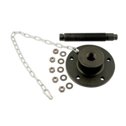 Outil pour extraction des moyeux arrières de ford transit
ce kit a ete developpe pour deposer les moyeux arrière de la traction avant du transit quand les roulements de roue ont grippe ou sont colles sur les fusees d'essieu. 
le plateau d'adaptation dans le kit a un filetage central whitworth  1/2 ? pour permettre de l'utiliser. soit avec la vis de force à chocs fournie. ou encore avec des adaptateurs appropries. comm  tout type d'extracteur hydraulique ou d'extracteur à inertie.