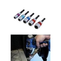 Jeu de cinq clés emmanchées à 6 pans, de 8 mm à 14 mm, avec une tige hexagonale de 1/4" pour les mandrins à dégagement rapide et un collier à code couleur pour permettre une identification rapide et facile de la taille. 
Idéal pour une utilisation avec les perceuses sans fil, les visseuses sans fil et les tournevis porte-embouts.

Tailles de douilles : 8, 10, 12, 13, 14 mm.
Profil à 6 pans. Longueur : 65 mm.
En chrome-vanadium (50BV30), avec tige de 1/4" en acier S2.
Chaque clé est dotée d'un mandrin à serrage rapide pour faciliter l'utilisation. Code couleur pour une identification rapide et facile de la taille correcte.
REMARQUE : N'est pas conçu pour être utilisé avec des outils à percussion