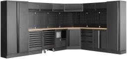 Le KRAFTWERK MOBILIO BLACK 8er Coin-combinaison est la solution d'atelier id&eacute;ale pour les artisans professionnels et les bricoleurs ambitieux. 
Avec un total de 14 tiroirs, 10 armoires et divers accessoires, cet ensemble offre une flexibilit&eacute; et un espace de rangement maximaux. 
Avec son &eacute;l&eacute;gant design noir, cet ensemble est &eacute;galement un v&eacute;ritable accroche-regard. 
Que ce soit des armoires &agrave; tiroirs, des chariots d'atelier ou un support &agrave; rouleaux de papier &ndash; tout est con&ccedil;u pour un confort et une efficacit&eacute; maximaux dans votre atelier.

Utilisation optimale de l'espace de rangement avec armoires et tiroirs
Notre Coin-combinaison dispose d'une combinaison astucieuse d'armoires sup&eacute;rieures, d'armoires hautes et d'armoires inf&eacute;rieures. 
Une armoire sup&eacute;rieure d'angle avec assistance &agrave; gaz et deux grandes armoires hautes avec plusieurs &eacute;tag&egrave;res offrent amplement d'espace pour les outils et mat&eacute;riaux plus grands. 
Les armoires &agrave; tiroirs sont particuli&egrave;rement pratiques, avec un mod&egrave;le &agrave; huit tiroirs et un autre &agrave; quatre tiroirs &ndash; parfaits pour le rangement clair des petits outils et accessoires.

Flexibilit&eacute; gr&acirc;ce &agrave; la construction autonome
Le MOBILIO 8er Coin-combinaison se distingue par sa construction autonome. 
Cela signifie qu'aucun montage fixe n'est n&eacute;cessaire, ce qui vous permet une flexibilit&eacute; maximale lors de l'installation. 
Que ce soit dans un coin ou en libre circulation dans la pi&egrave;ce &ndash; ce syst&egrave;me d'atelier s'adapte &agrave; vos besoins et peut &ecirc;tre r&eacute;am&eacute;nag&eacute; si n&eacute;cessaire.

Plateaux de travail de haute qualit&eacute; en multiplex de h&ecirc;tre
Les plateaux de travail de 35 mm d'&eacute;paisseur du KRAFTWERK Mobilio Coin-combinaison sont en multiplex de h&ecirc;tre robuste. 
Ce mat&eacute;riau est non seulement durable et r&eacute;sistant, mais offre &eacute;galement une surface de travail id&eacute;ale pour tous les travaux &agrave; r&eacute;aliser. 
Que vous travailliez sur des projets d&eacute;licats ou des machines lourdes &ndash; le plateau de travail r&eacute;siste m&ecirc;me aux exigences les plus s&eacute;v&egrave;res.

Syst&egrave;me de tiroirs innovant avec verrouillage central
Pour la s&eacute;curit&eacute; et l'ordre, les tiroirs &agrave; roulement &agrave; billes de diff&eacute;rentes hauteurs sont tous &eacute;quip&eacute;s d'un verrouillage central. 
Chaque tiroir peut &eacute;galement &ecirc;tre verrouill&eacute; individuellement si n&eacute;cessaire. 
Gr&acirc;ce &agrave; la solution One-Key optionnelle, vous avez la possibilit&eacute; de remplacer tous les verrous ult&eacute;rieurement, de sorte qu'une seule cl&eacute; soit n&eacute;cessaire pour tous les tiroirs.

Accessoires polyvalents et murs perfor&eacute;s
Le Coin-combinaison offre &eacute;galement quatre murs perfor&eacute;s carr&eacute;s pour outils, qui assurent une organisation parfaite de vos outils. 
Des accessoires appropri&eacute;s pour les murs perfor&eacute;s &eacute;largissent vos possibilit&eacute;s de rangement optimal. 
De plus, un support &agrave; rouleaux de papier est int&eacute;gr&eacute; pour que le papier soit toujours &agrave; port&eacute;e de main.

Conclusion : Parfaitement adapt&eacute; &agrave; votre atelier
Le KRAFTWERK MOBILIO BLACK 8er Coin-combinaison est un syst&egrave;me d'atelier bien pens&eacute; qui offre une flexibilit&eacute; et un espace de rangement maximaux. 
La qualit&eacute; de fabrication et la construction astucieuse en font une solution indispensable pour tout atelier professionnel. 
Avec des dimensions g&eacute;n&eacute;reuses de L 3820 x H 2000 x P 488 mm, il offre beaucoup d'espace. 
Gr&acirc;ce aux multiples possibilit&eacute;s d'utilisation et aux mat&eacute;riaux robustes, le Coin-combinaison est un compagnon fid&egrave;le pour tous les travaux &agrave; r&eacute;aliser.