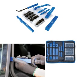 Jeu d'outils de dépose de garnitures de 7 pièces, fourni avec un coffret d'assortiment de 100 agrafes de remplacement pour garnitures, adapté à la dépose de garnitures automobiles intérieures et extérieures et des fixations associées. 
La sélection de coins de dépose de garnitures est idéale pour les panneaux de portières, les façades de tableau de bord, les panneaux de carrosserie ou les moulures et emblèmes de carrosserie, sans endommager la garniture ou la zone environnante. 
Un outil d'extraction d'agrafes de garnitures à profil en U est également inclus, et le tout est fourni dans un étui de rangement zippé.
Pour la dépose des garnitures intérieures et extérieures de la plupart des voitures modernes, y compris : les bandes de garnitures, les garnitures de portières et les agrafes de garnitures.
Comprend : 6 outils de dépose de garnitures et 1 extracteur d'agrafes de garnitures.
Coffret d'assortiment d'agrafes de garnitures en plastique de taille courante, comprenant : 20 clips forme sapin, 20 clips pour panneaux, 10 rivets à pousser et 50 rivets à visser.
Outils pour garnitures en plastique polyoxyméthylène (POM) non marquant.
Fournis dans un étui zippé, avec bandes élastiques, pour un rangement en toute sécurité.
