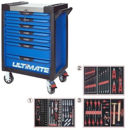 Servante d'atelier 7 tiroirs Ultimate
- Composition 158 outils
Tiroir 1 : Douille 1/4 - douille 1/2 - douille longue 1/2
Tiroir 2 : Clé mixte, clé mixte GM, pinces
Tiroir 3 : Tournevis clé allen torx - martellerie
la servante d'atelier kstools. série ultimate. est le modèle de desserte d'atelier. le plus haut de gamme  de la marque. ks tools. 
les tiroirs de la servante d'atelier ultimate, possedent un système de glissière à roulements à billes (résistance 45kg). Equipé du système "one by one"., ouverture d'un seul tiroir a la fois, vous pouvez deplacer votre servante d'atelier sans forcement l'a fermer a clé !
Les tiroirs de cette servante ont une grande capacité. 40cm de profondeur par 57cm de largeur, tout les tiroirs de cette servante d'atelier sont fournis avec un tapis mousse, a installer au fond. 
Le plan de travail des servantes d'atelier Ultimate est recouvert d'un plateau inox et de boitier "range visserie" sur les cotés,
Au niveau du chassis, les pans de cette servante d'atelier sont perfores, se qui vous permet l'instalation de nombreuses options. tel que. un dérouleur de papier, des crochets de fixations...
Cette gamme  de servante d'atelier repond parfaitement au rangement pour le mécanicien, carrossier, mais aussi pour les métiers de l'industrie (rangement d'outils de tours / fraiseuse...) ainsi que des domaines tel que le medical. l'aéronotique...
- construction a pans coupés renforçant la structure du bati
- système "one by one" antibasculement 
- panneau lateral déporté et pré-percé pour fixation de crochet et accessoires
- 2 roues fixes grand diamètre pour une meilleure stabilite et un déplacement aise sur tous types de sols
- 2 roues pivotantes avec système de freinage total
- plan de travail avec rangements et recouvert inox
- tiroirs sur glissieres à billes extra-resistant (45 kg par tiroir)
- tiroirs à ouverture totale
- fermeture totale et simultanee des tiroirs par serrure 
- poignée tubulaire de manutention
- finition "Ultimate"
Composition :
Douilles et accessoires ULTIMATE 1/4", 54 pièces   ref 713.1020
- Cliquet réversible 72 dents
- 1x Poignée emmanchée 1/4’’
- 2x Rallonges 1/4’’ : L. 50 mm et L. 100 mm
- 1x Rallonge flexible : L. 150 mm
- 1x Poignée coulissante T : L. 115 mm
- 1x Cardan universel 1/4"
- 13x Douilles 1/4’’ : 4 - 4,5 - 5 - 5,5 - 6 - 7 - 8 - 9 - 10 - 11 - 12 - 13 - 14 mm
- 8x Douille longue 1/4" : 6 - 7 - 8 - 9 - 10 - 11 - 12 - 13
- 1x Porte embout 1/4" 
- 3x Embouts de vissage Fente 4 - 5,5 - 8 mm 
- 3x Embouts de vissage PHILLIPS® PH 1 - PH 2 - PH3 
- 2x Embouts de vissage POZIDRIV® PZ 1 - PZ 2 
- 6x Embouts de vissage 6 pans : 3 - 4 - 5 - 6 - 7 - 8  mm
- 7x Embouts de vissage TORX® profil E T10 - T15 - T20 - T25 - T27 - T30 - T40
​- 4x Embouts de vissage 12 pans : M4 - M5 - M6 - M8 
Module de douilles et accessoires ULTIMATE 1/2'' , 24 pièces  ref 713.1024
- 1 x Cliquet réversible 72 dents
- 2 x Rallonges : 125 - 250 mm
- 1 x Cardan universel 1/2"
- 1 x Bague coulissante 3/8" x 1/2"
- 17 x Douilles : 10 - 11 - 12 - 13 - 14 - 15 - 16 - 17 - 18 - 19 - 20 - 21 - 22 - 24 - 27 - 30 - 32 mm
- 2 x Douilles longues : 16 - 21 mm
Module de douilles longues et accessoires 1/2",  17 pièces   ref : 713.1026  
- 1 x Rallonge : 125 mm
- 2 x Rallonges à verrouillage : 75 - 250 mm
- 10 x Douilles : 10 - 11 - 12 - 13 - 15 - 17 - 19 - 22 - 24 - 27 mm
- 4 x Douilles 6 pans : 14 - 16 - 18 - 21 mm
Module de clés mixtes ULTIMATE, 17 pièces KS TOOLS Réf : 713.2017   
- 17 x Clés mixtes : 6 - 7 - 8 - 9 - 10 - 11 - 12 - 13 - 14 - 15 - 16 - 17 - 18 - 19 - 20 - 21 - 22 mm
Module de clés mixtes ULTIMATE, 5 pièces   ref : 713.2015  
- 5 x Clés mixtes : 24 - 27 - 29 - 30 - 32 mm
Module de pinces, 4 pièces  ref : 713.4014  
- 1 x Pince coupante diagonale : L. 160 mm
- 1 x Pince universelle : L. 180 mm
- 1 x Pince à bec demi-rond : L. 200 mm
- 1 x Pince multiprises à verrouillage : L. 250 mm
Module de vissage, 28 pièces  ref : 712.5028   
- 1 x Tournevis ULTIMATE tom pouce Fente : 6,5 mm
- 3 x Tournevis ULTIMATE Fente : 3,5 - 5,5 - 8 mm
- 1 x Tournevis ULTIMATE tom pouce PHILLIPS : PH2
- 3 x Tournevis ULTIMATE PHILLIPS : PH1 - PH2 - PH3
- 1 x Tournevis ULTIMATE tom pouce PROZIDRIV : PZ2
- 3 x Tournevis ULTIMATE POZIDRIV : PZ1 - PZ2 - PZ3
- 1 x Jeu de clés mâles 6 pans à tête sphérique longues : 2 - 2,5 - 3 - 4 - 5 - 6 - 8 - 10 mm
- 1 x Jeu de clés mâles TORX longues : T10 - T15 - T20 - T25 - T30 - T40 - T45 - T50
Module d'outils de frappe manche bois, 9 pièces  ref : 713.1101   
- 1 x Burin de carossier extra-plat : 250 mm
- 6 x Chasse goupilles brunis : 3 - 4 - 5 - 6 - 10 mm
- 1 x Marteau rivoir : 600g
- 1 x Maillet à embouts plastique interchangeables : 340g
- poids 57kg
- dimension hors tout : l678xl459xh859 (hauteur avec roues 1035mm 
- roue dia 125mm larg 50mm 